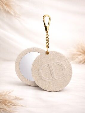 Dior Beige Linen Round Mirror Keychain Bag  Charm Gold Clasp New In Box VIP/GWP